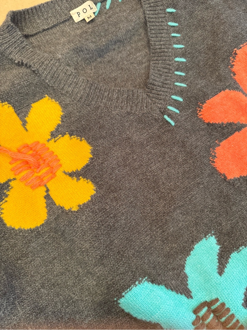 POL Dark Gray Women’s Floral Knit Sweater with Bright Daisy Appliqués - Picture 3 of 5